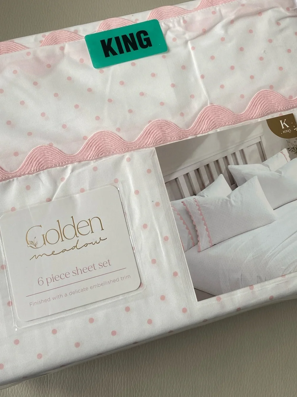 White and pink polka dot sheet set - KING